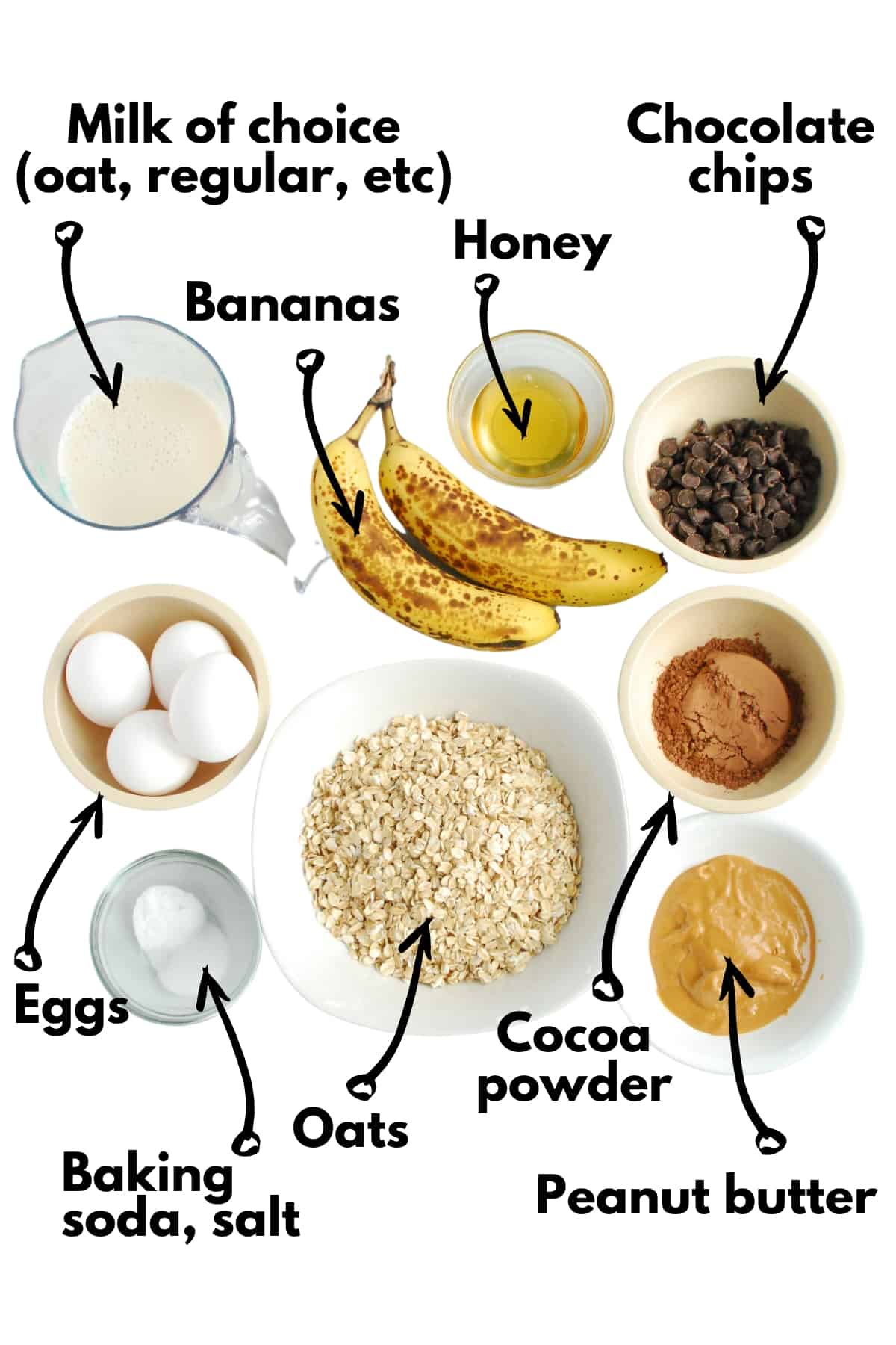 Oat milk, bananas, honey, chocolate chips, peanut butter, cocoa powder, oats, baking soda, salt, and eggs.