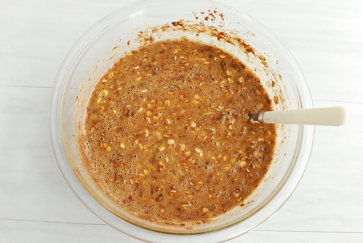 Baked oatmeal batter in a mixing bowl.