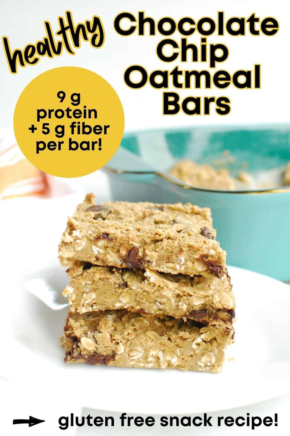 Three gluten free chocolate chip oatmeal bars stacked on a plate, with a text overlay with the name of the recipe.