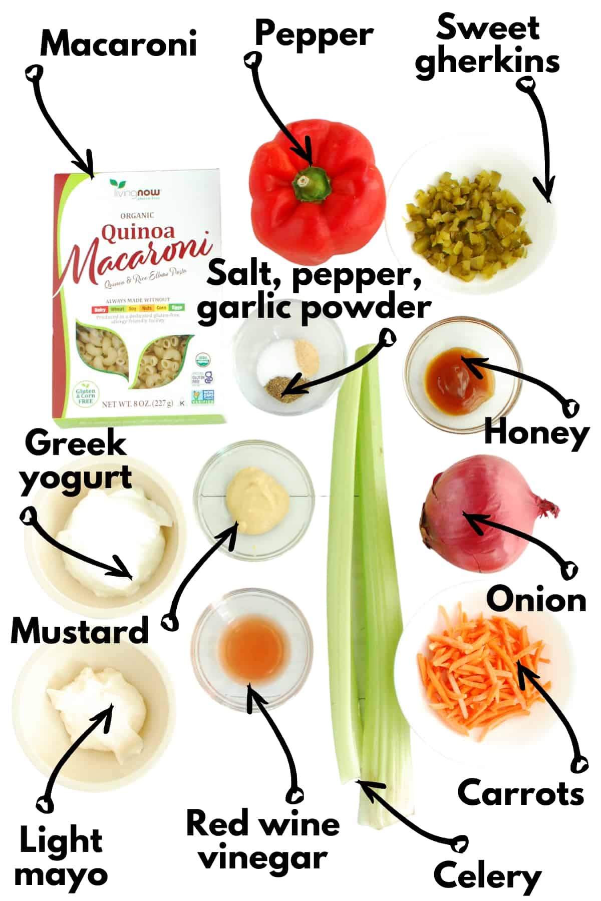 Macaroni, celery, pepper, pickles, onion, carrots, greek yogurt, light mayo,, vinegar, mustard, and seasonings.