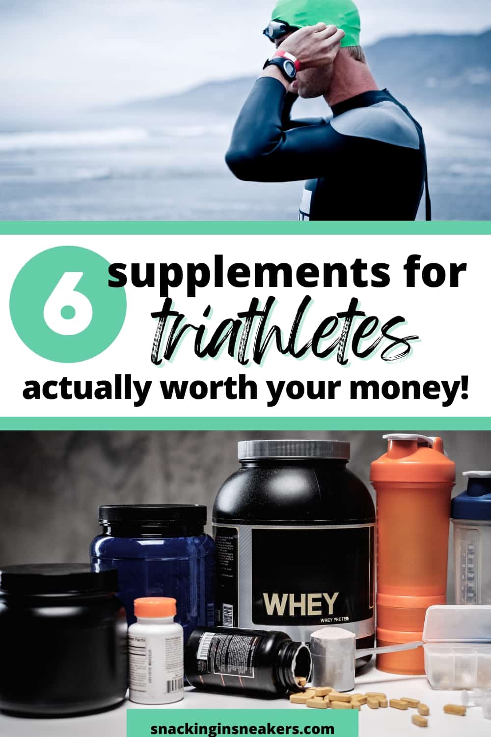 A triathlete with a wetsuit on and an image of several supplement bottles, with a text overlay that says supplements for triathletes actually worth your money.