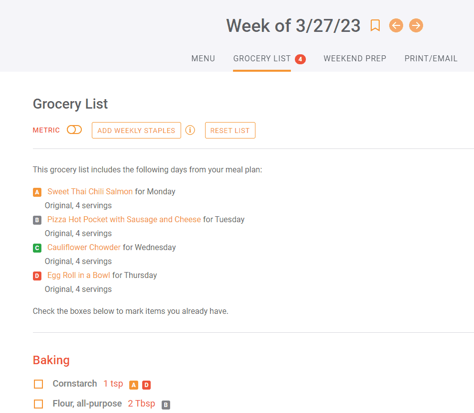 The grocery list section of the Cook Smarts meal planning platform.