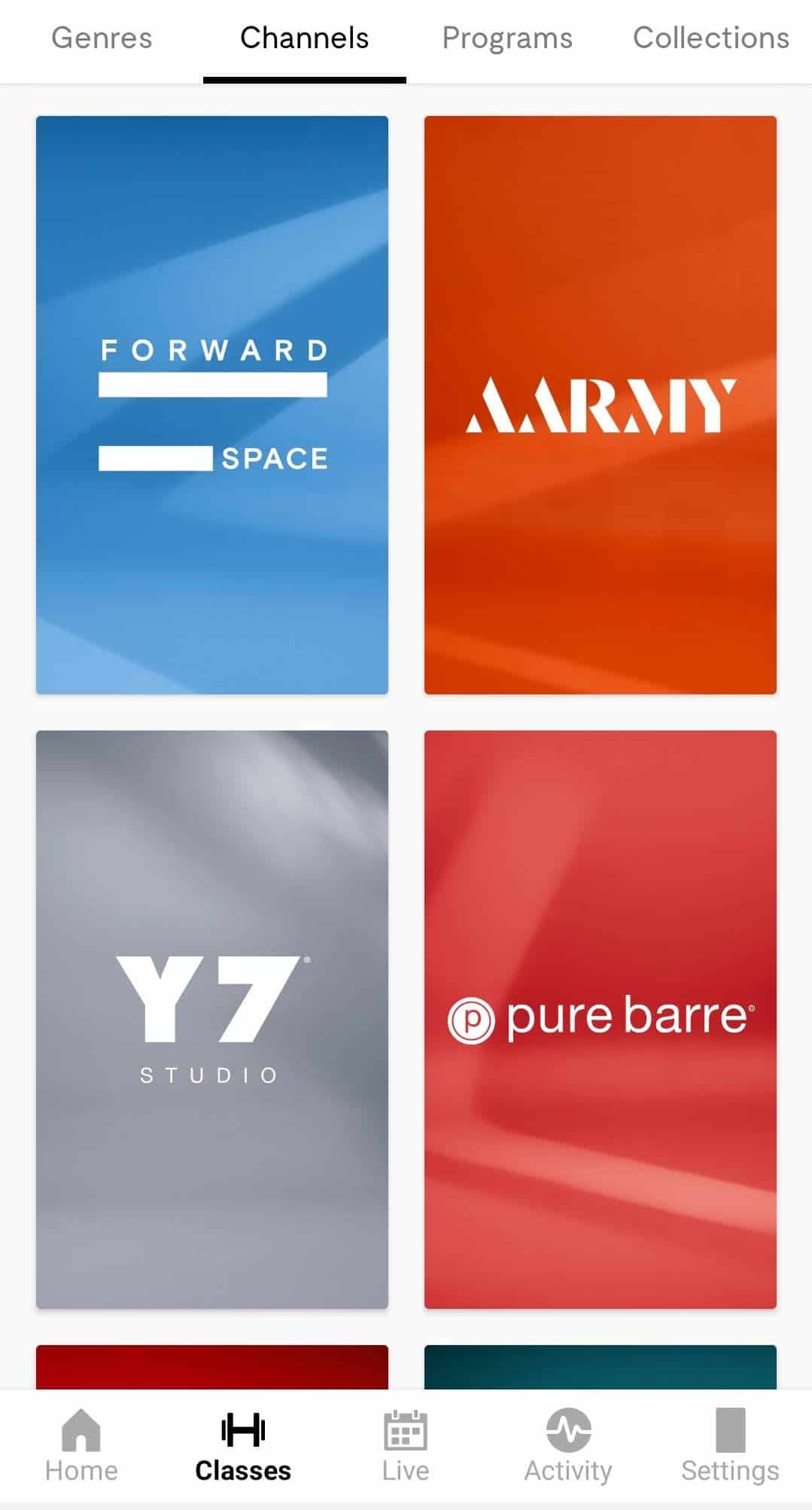 A screenshot of the different class partners in the lululemon studio app.