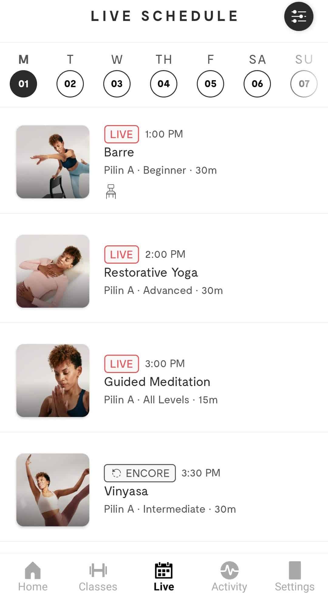 A screenshot of the live class offerings on the lululemon studio app.