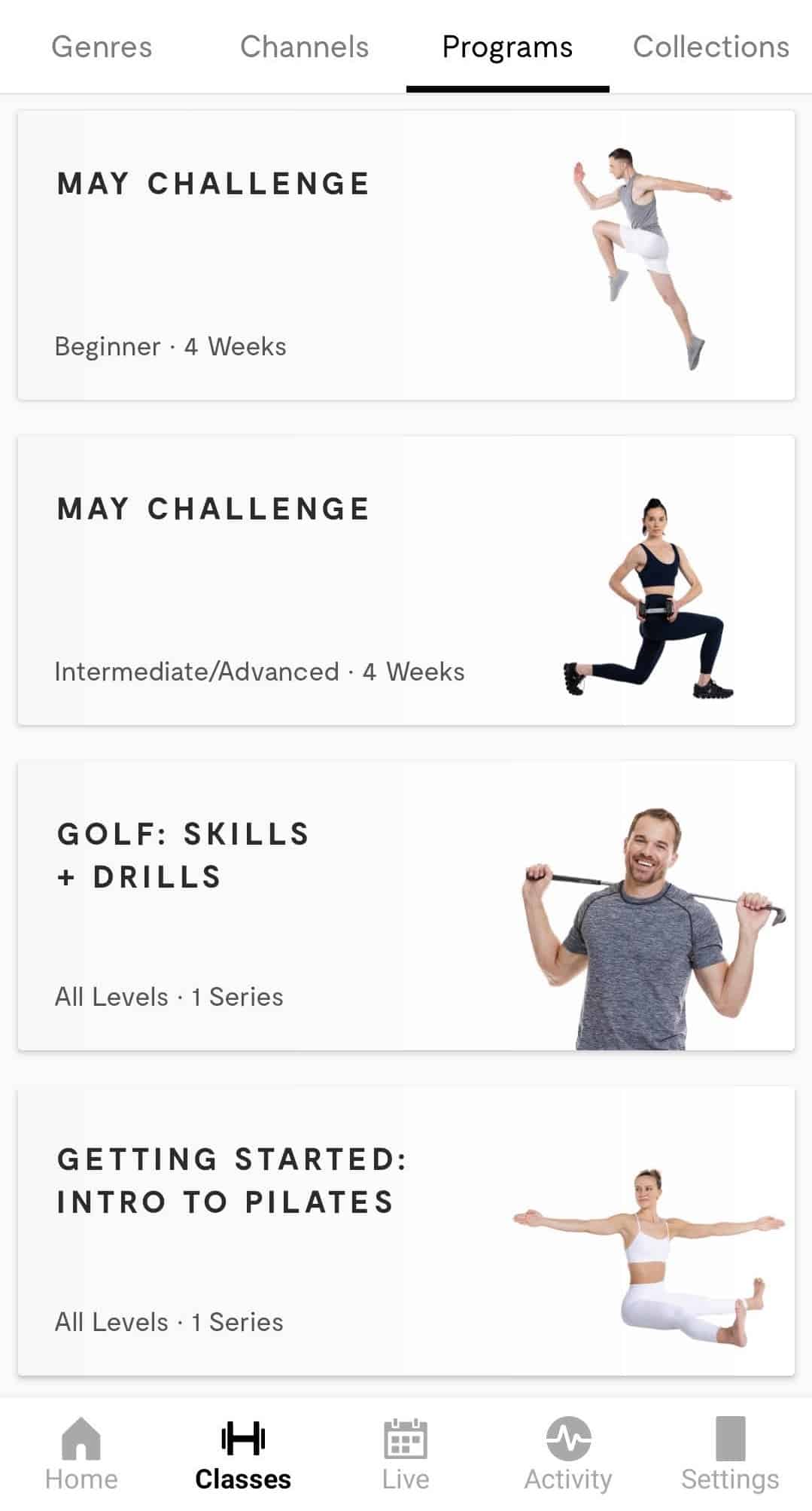 A screenshot of the different programs available in the lululemon studio app.