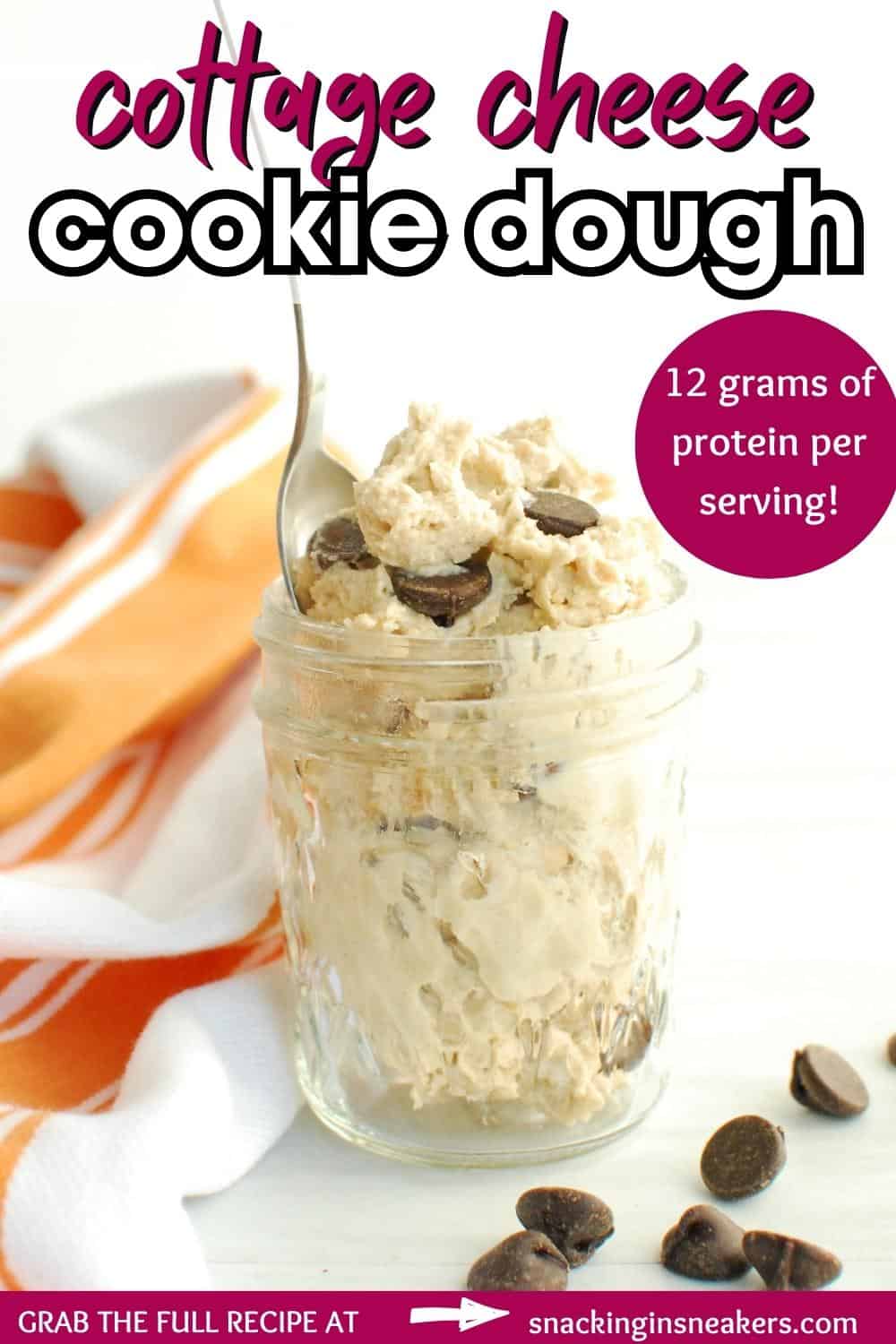 A jar full of cottage cheese cookie dough, with a text overlay with the name of the recipe.