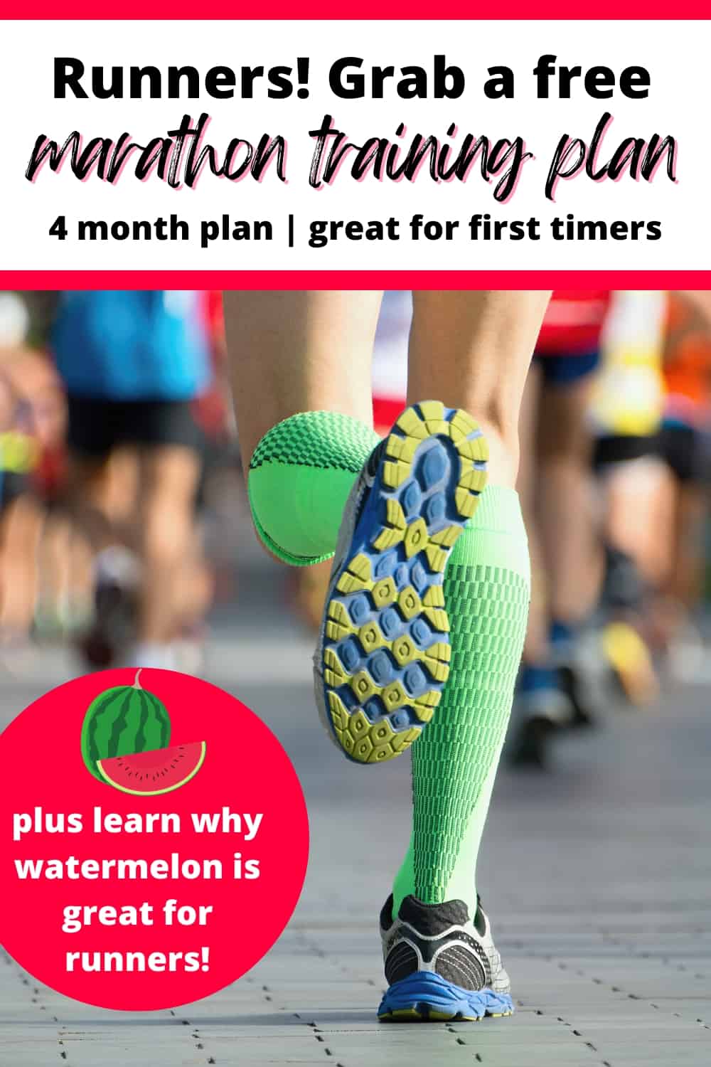 Close up of a woman's sneakers while running, with a text overlay that says Grab a free marathon training plan.