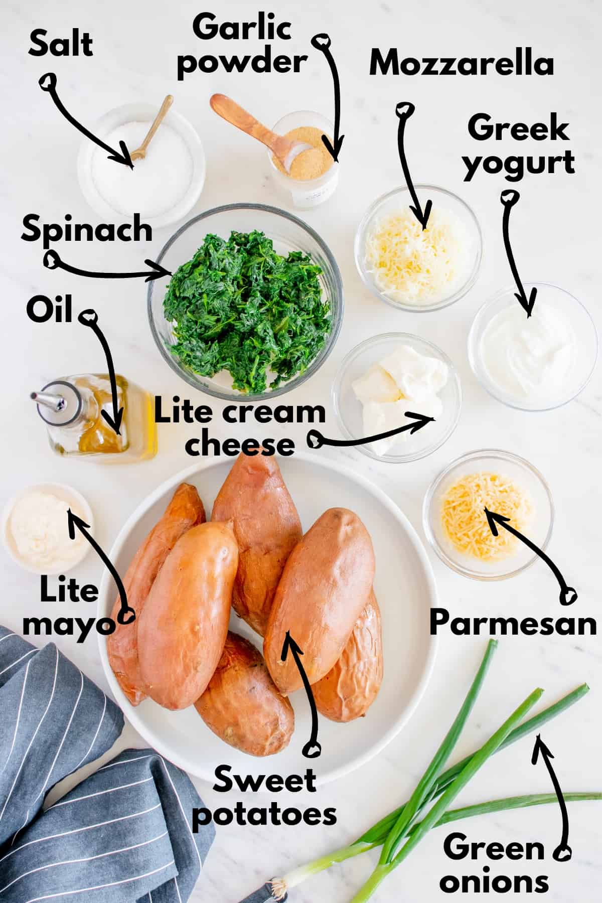 Sweet potatoes, green onions, cream cheese, light mayo, mozzarella, parmesan, greek yogurt, spinach, oil, salt, and pepper.