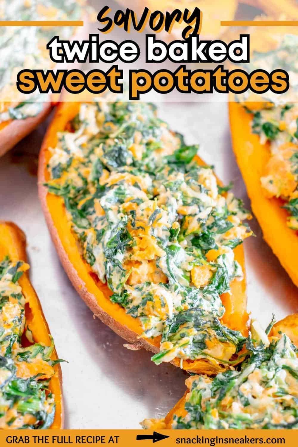A close-up of a savory twice baked sweet potato on a baking sheet, with a text overlay with the name of the recipe.