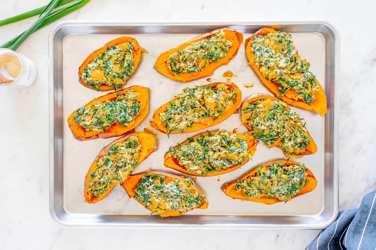 A baking sheet with savory twice baked sweet potatoes.