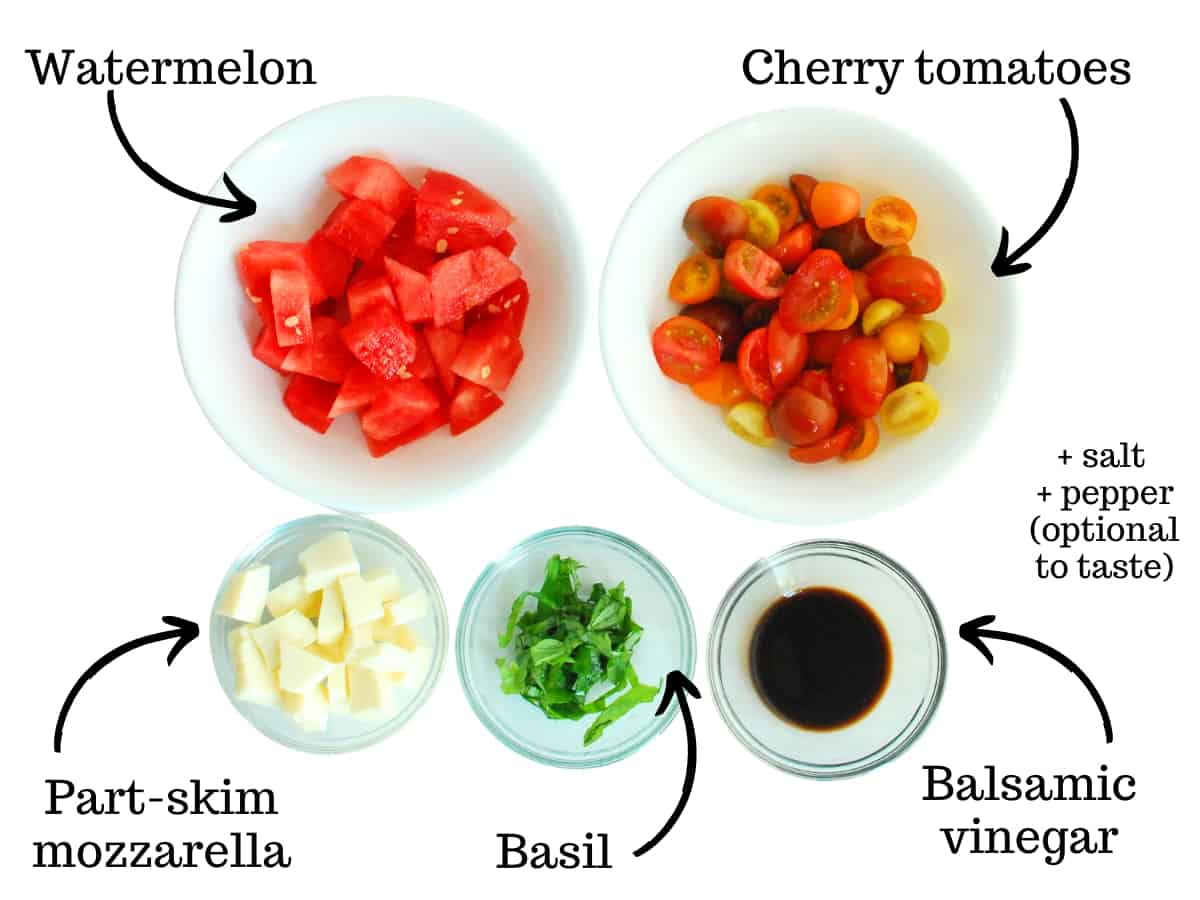 Watermelon, cherry tomatoes, mozzarella, basil, and balsamic vinegar with text labels.