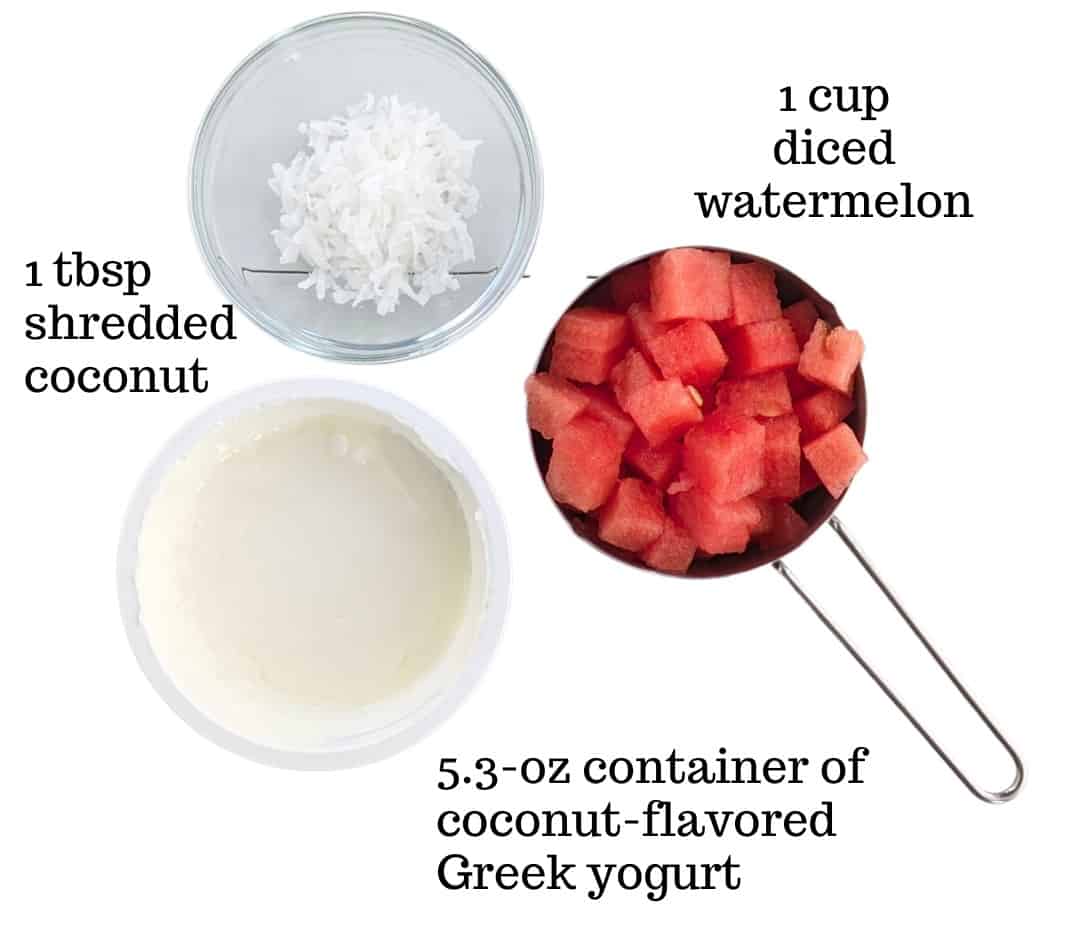 Yogurt, coconut, and diced watermelon on a white backdrop.