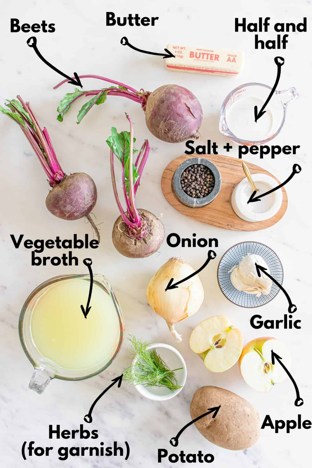 Beets, apple, broth, butter, half and half, onion, garlic, potato, salt, pepper, and herbs.