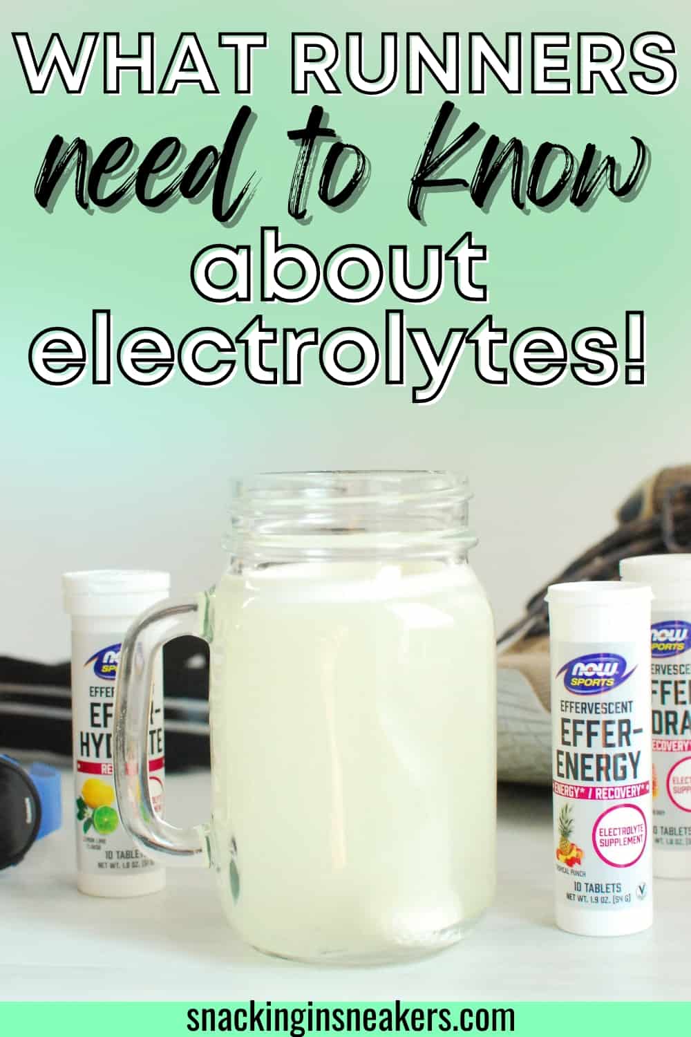 A drinking glass of water with an electrolyte tab in fizzing in the glass, with a text overlay that says what runners need to know about electrolytes.