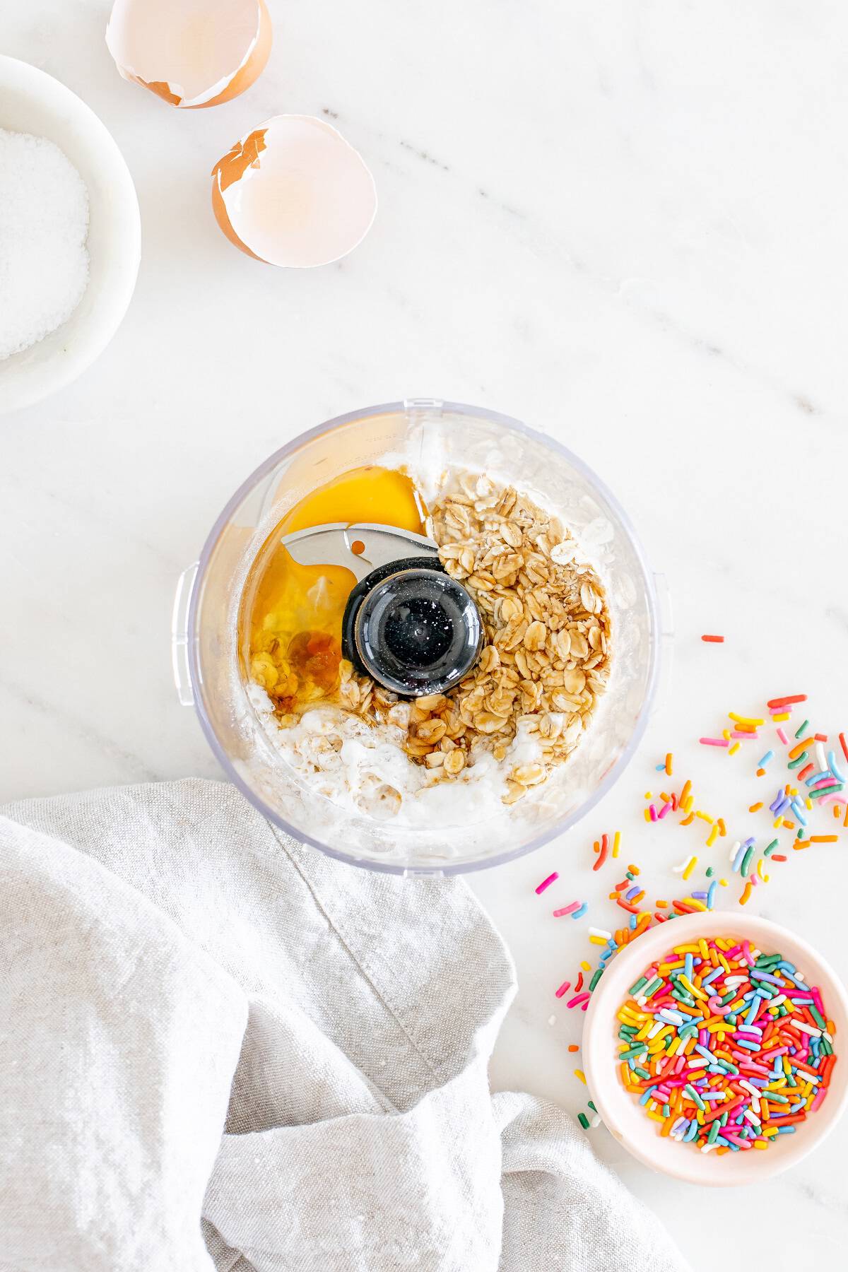 Baked oatmeal ingredients in a blender.