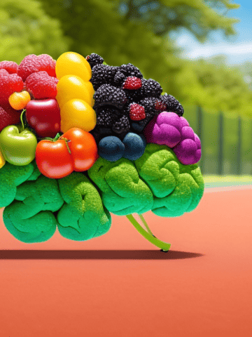 An illustration of a brain made up of healthy foods on a running track.