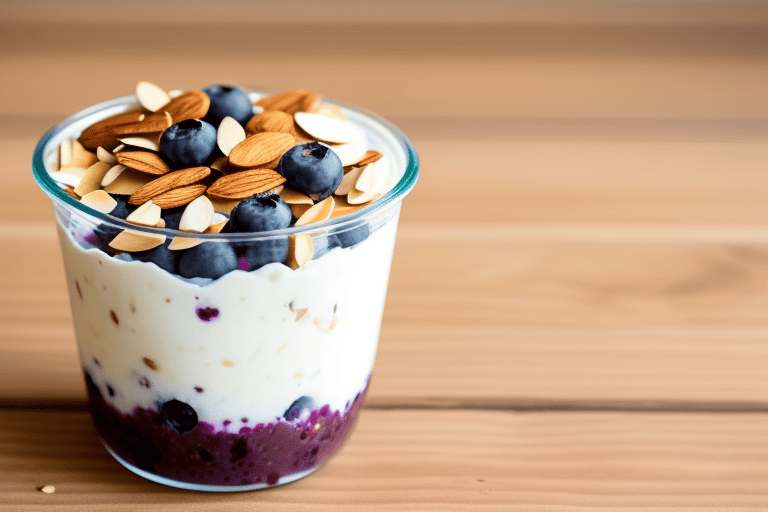 A yogurt parfait topped with blueberries and almonds.