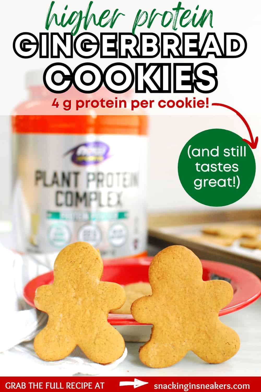 Two protein gingerbread cookies propped up against a red plate, with a text overlay with the name of the recipe.