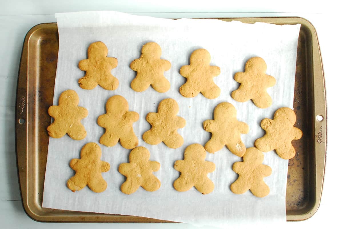 Just-baked protein gingerbread cookies on a baking sheet.