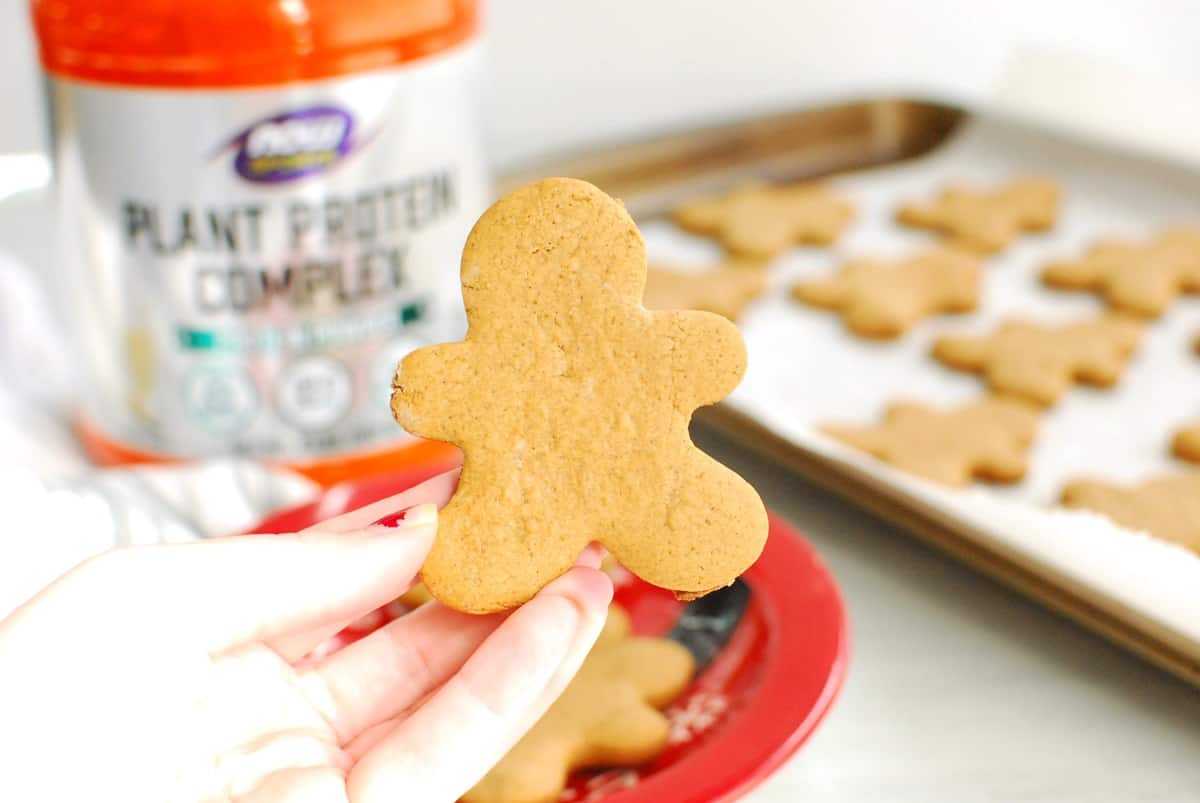 A woman's hand holding a protein gingerbread cookie.