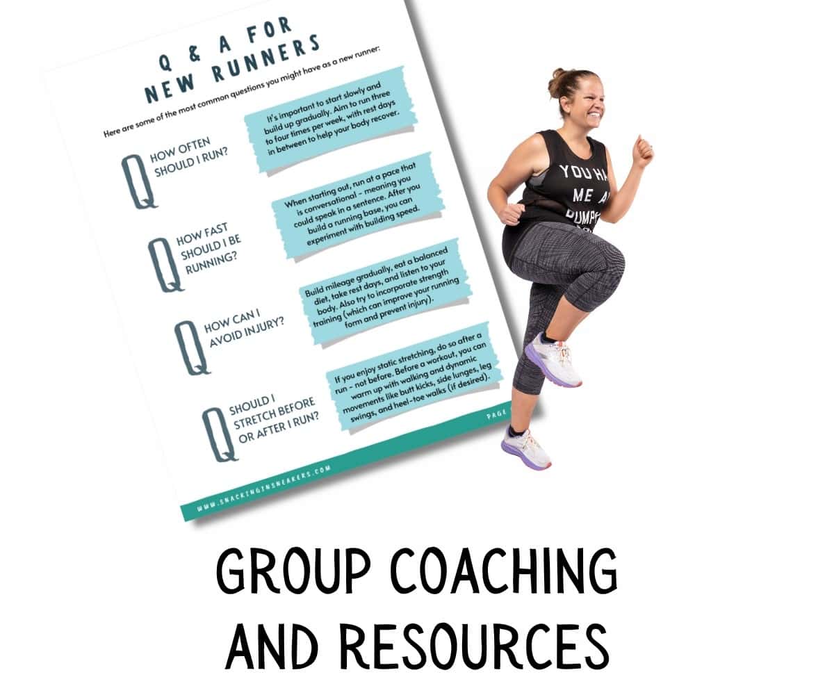 A mockup of a resource page for runners with a running coach standing next to it.