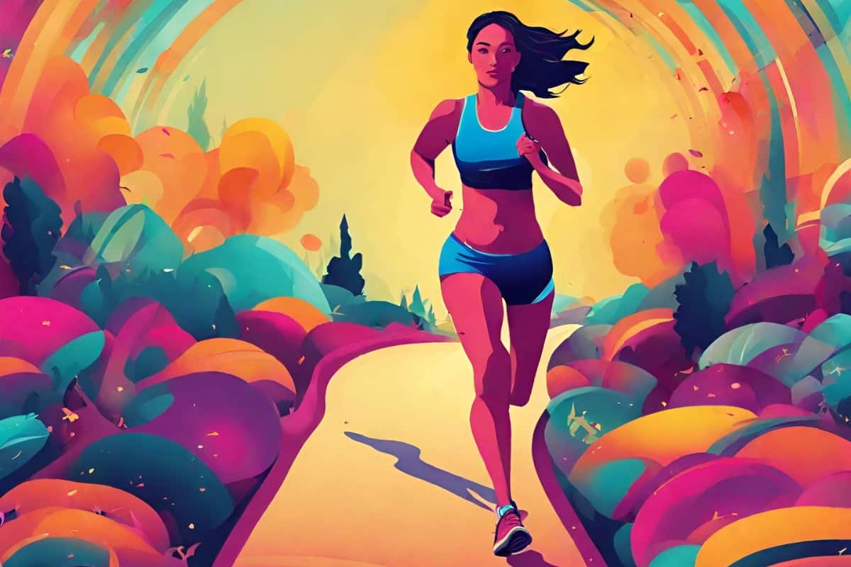 A woman running along a path with a colorful background.