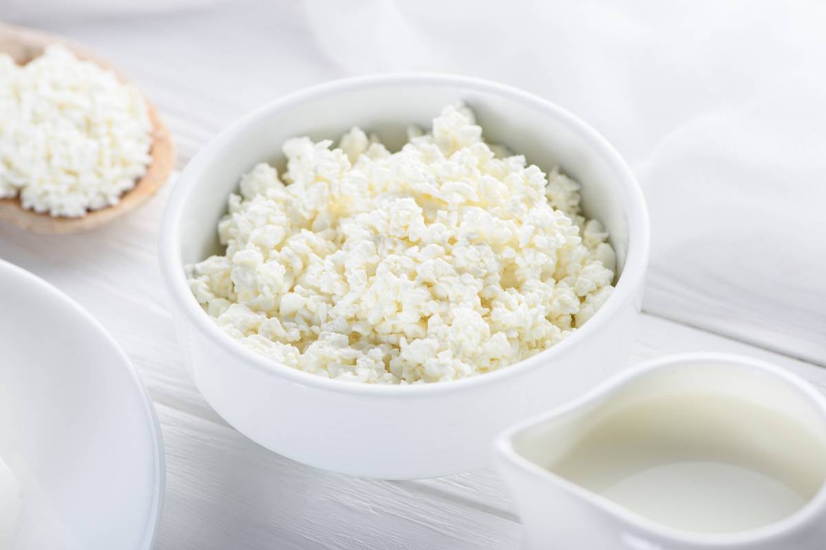 Cottage cheese in a white bowl.