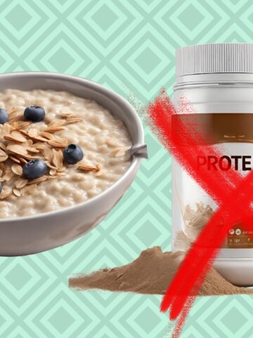 A bowl of oatmeal next to a canister of protein powder, with an X over the protein powder.