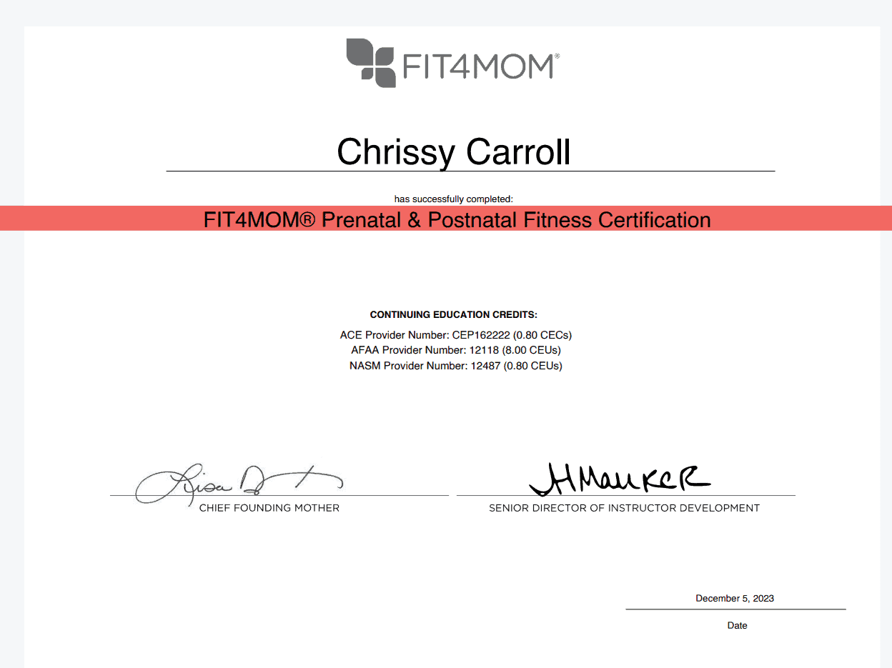 Fit4Mom Prenatal Postnatal Fitness Certification Certificate screenshot.