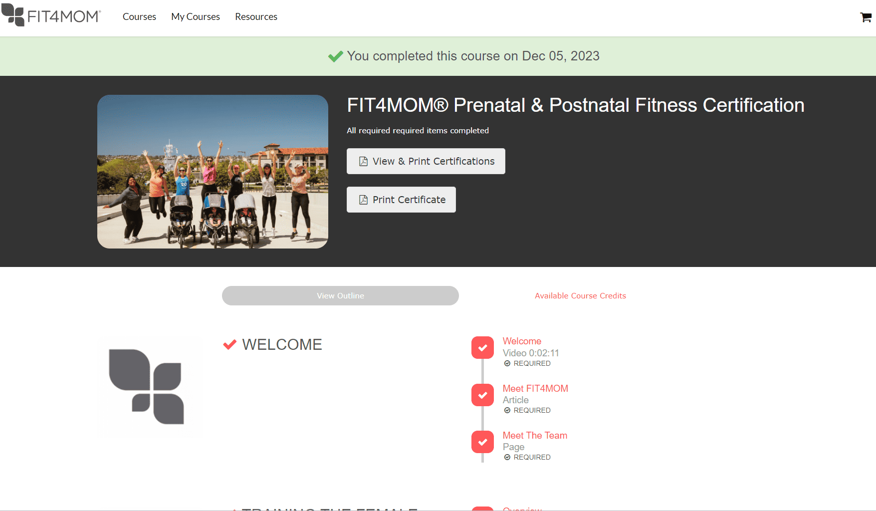 A screenshot of the Fit4Mom prenatal postnatal certification course.