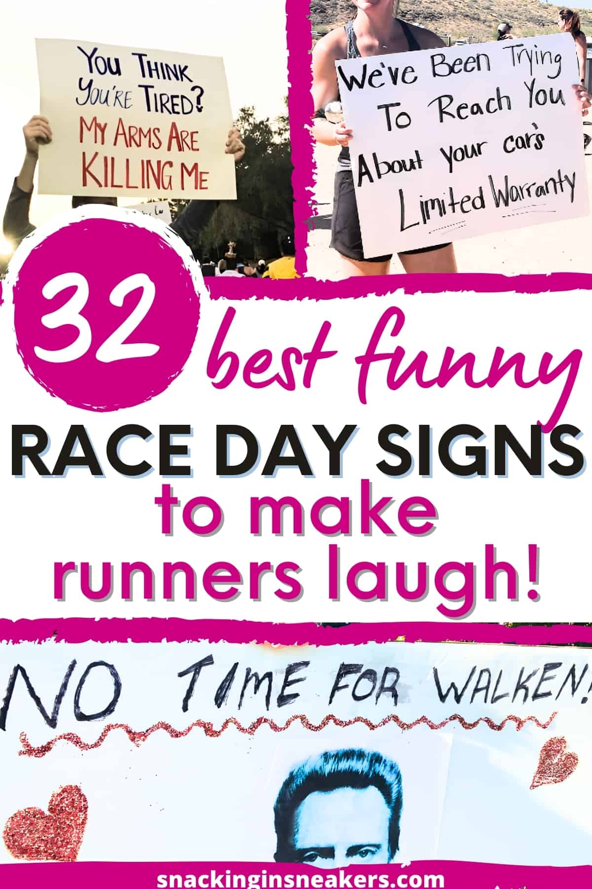 A collage of three funny race day signs for runners with a text overlay that says best funny race day signs to make runners laugh.