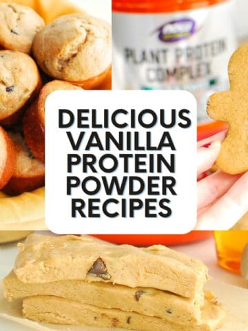A collage of vanilla protein powder recipes including muffins, bars, and cookies.