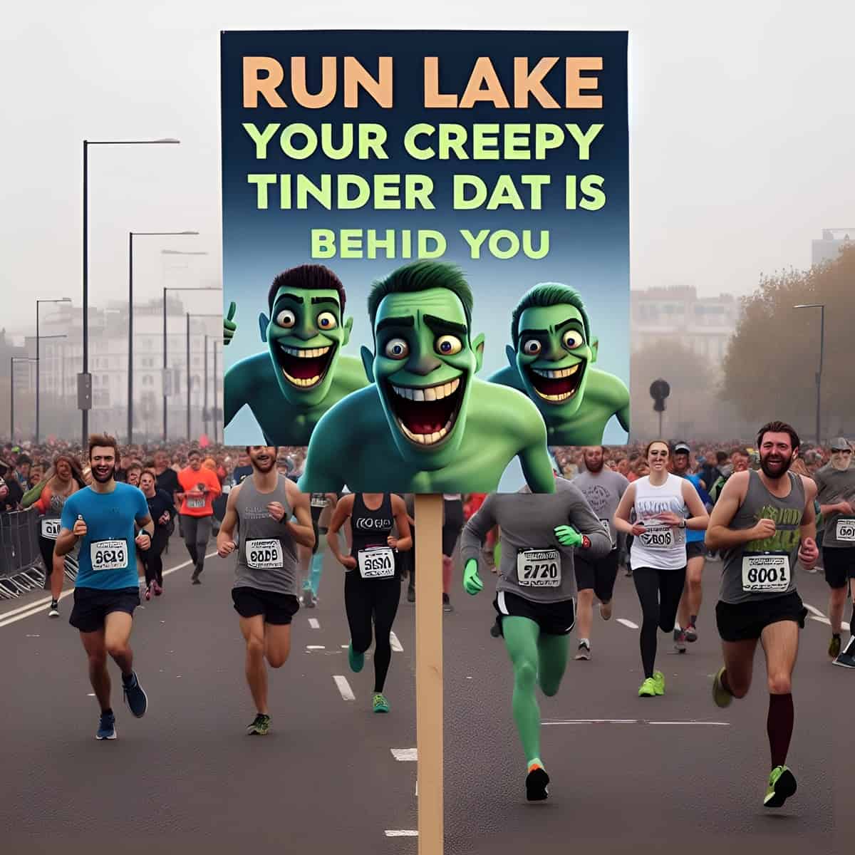 A funny race day sign with misspellings using AI.