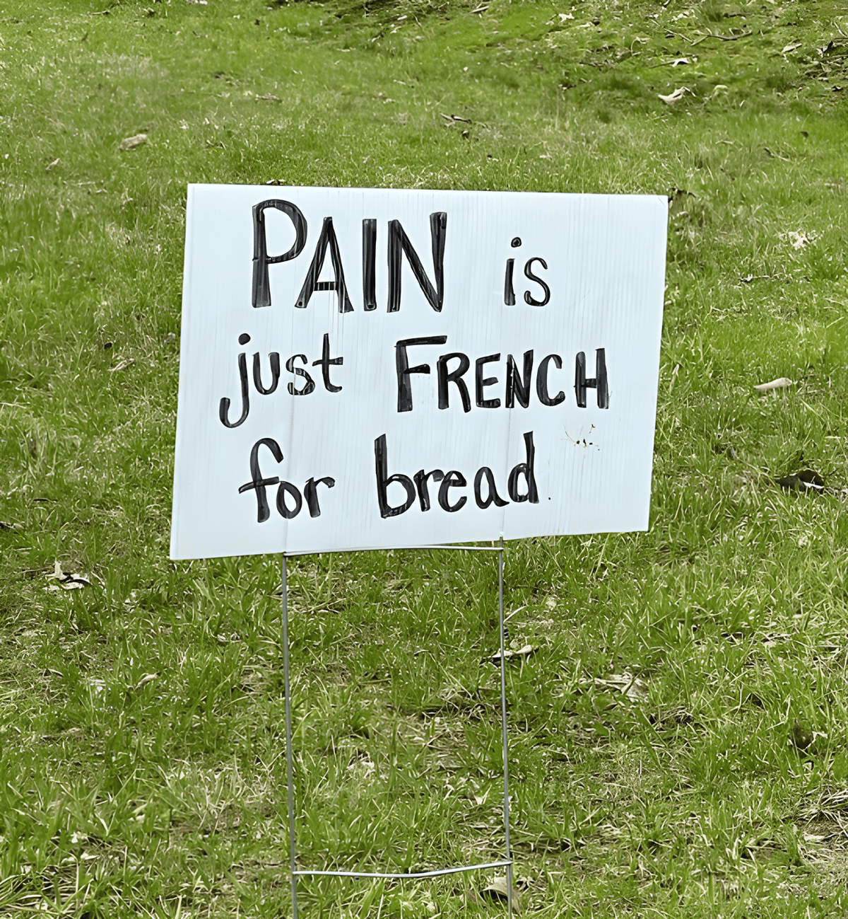 A funny sign at a road race that says "pain is just French for bread."