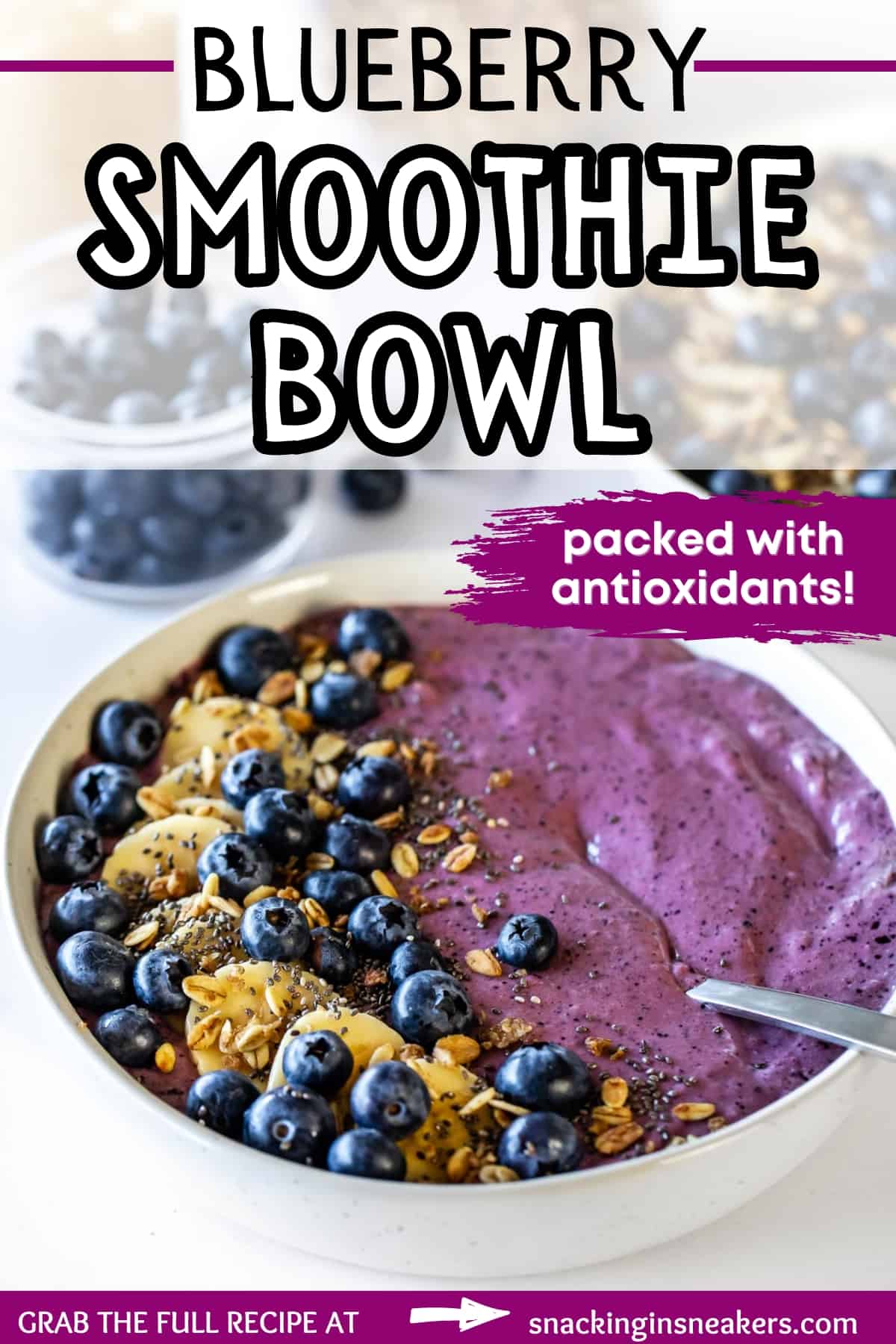 A blueberry smoothie bowl with a text overlay with the name of the recipe.