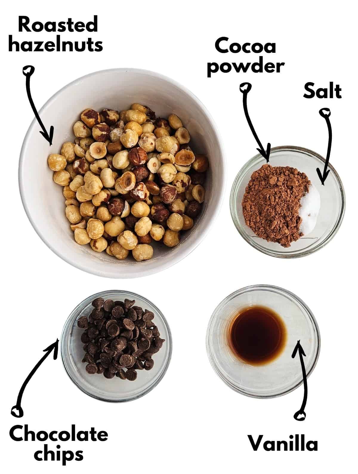 Hazelnuts, cocoa powder, salt, chocolate chips, and vanilla.