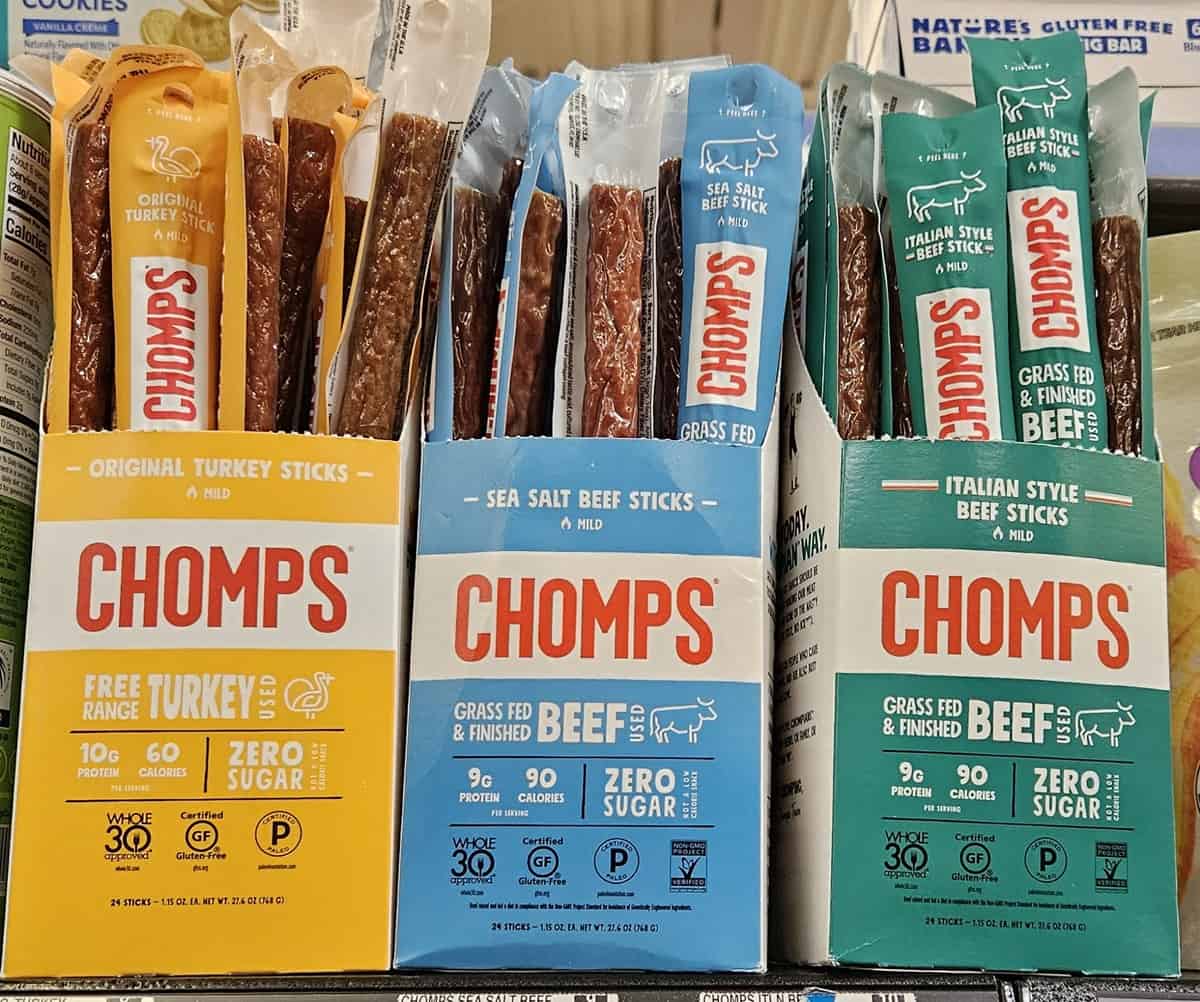 Chomps beef sticks on a grocery shelf.