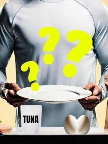 An athlete standing holding an empty plate with a bunch of high protein foods next to it, and a question mark above the plate.