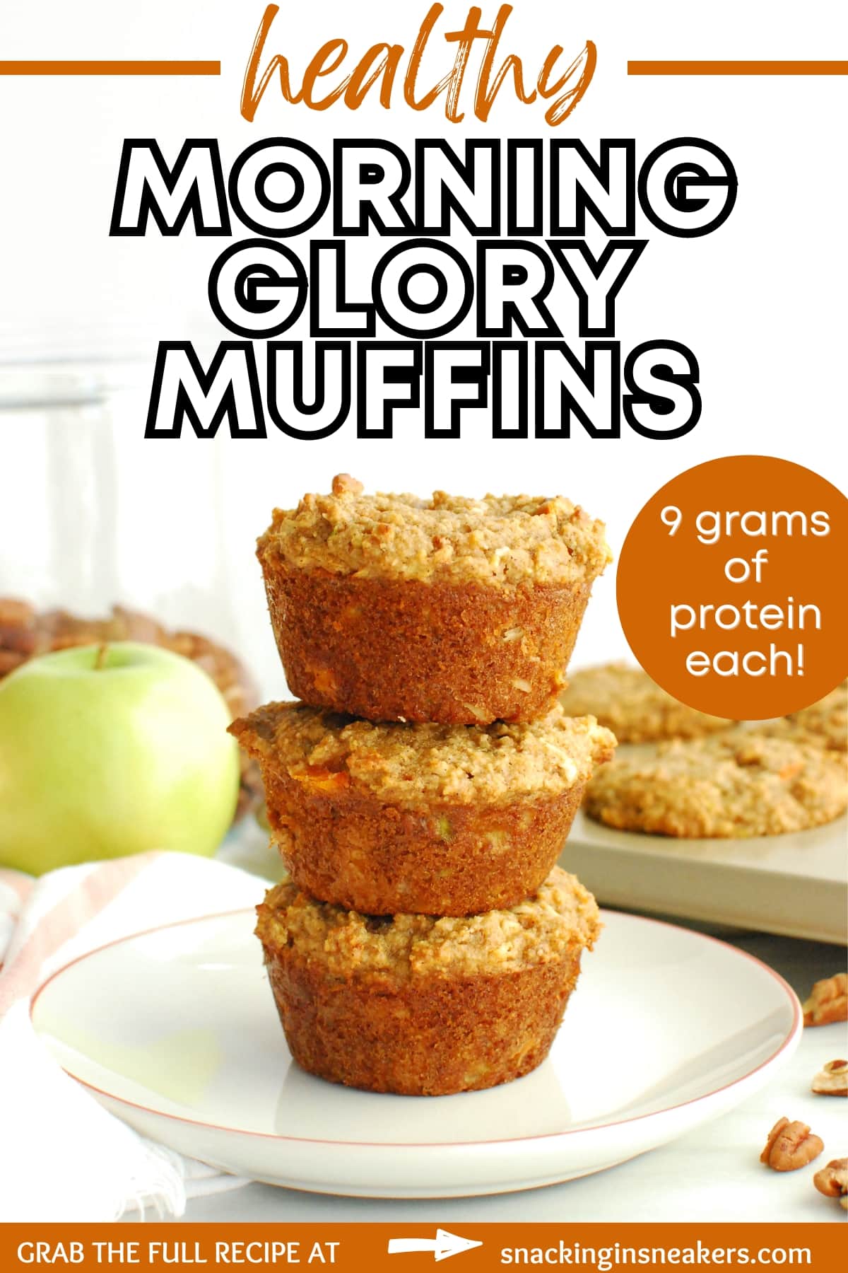 Three healthy morning glory muffins stacked on top of each other, with a text overlay with the name of the recipe.