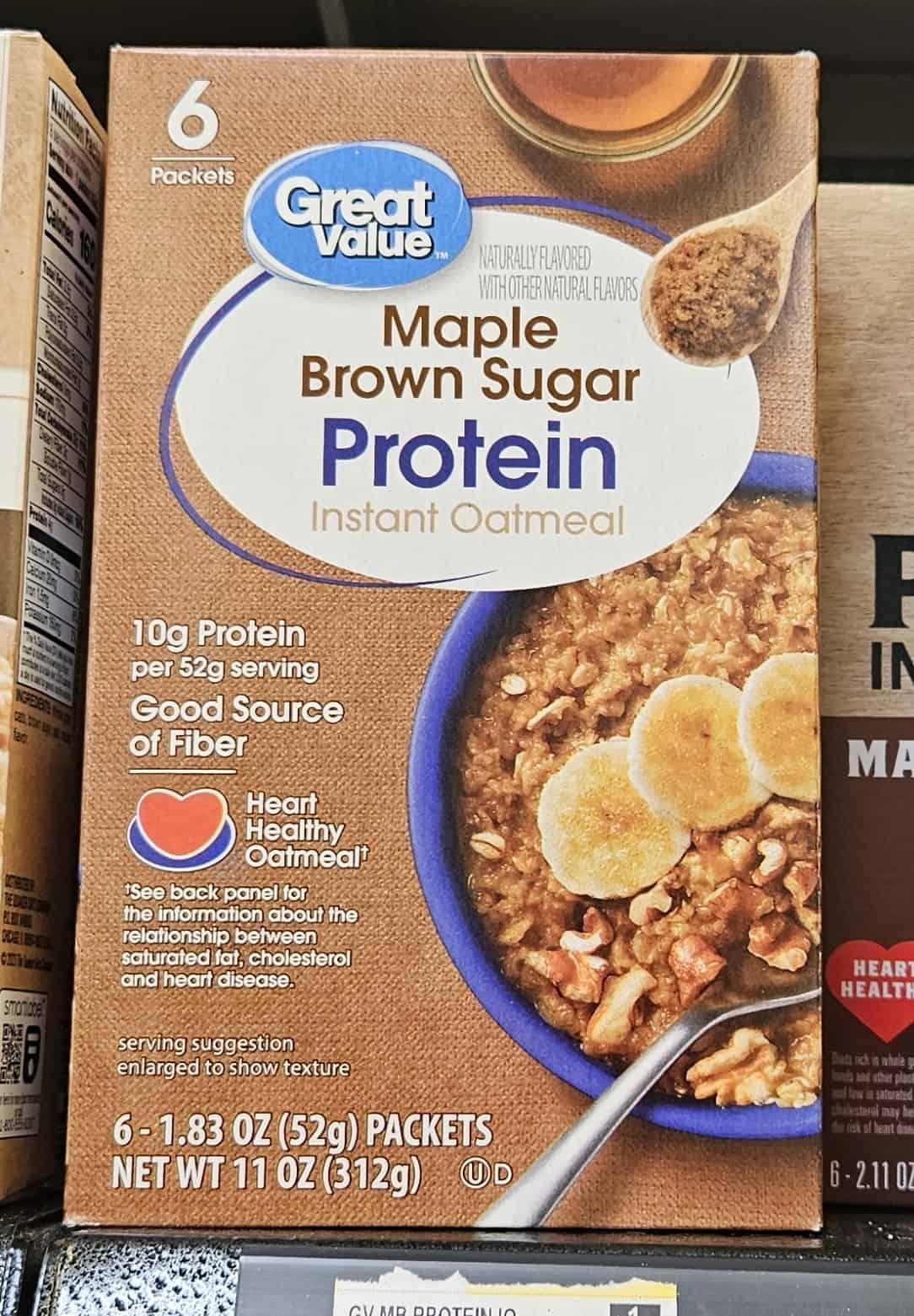 A box of maple brown sugar protein oatmeal from Walmart.