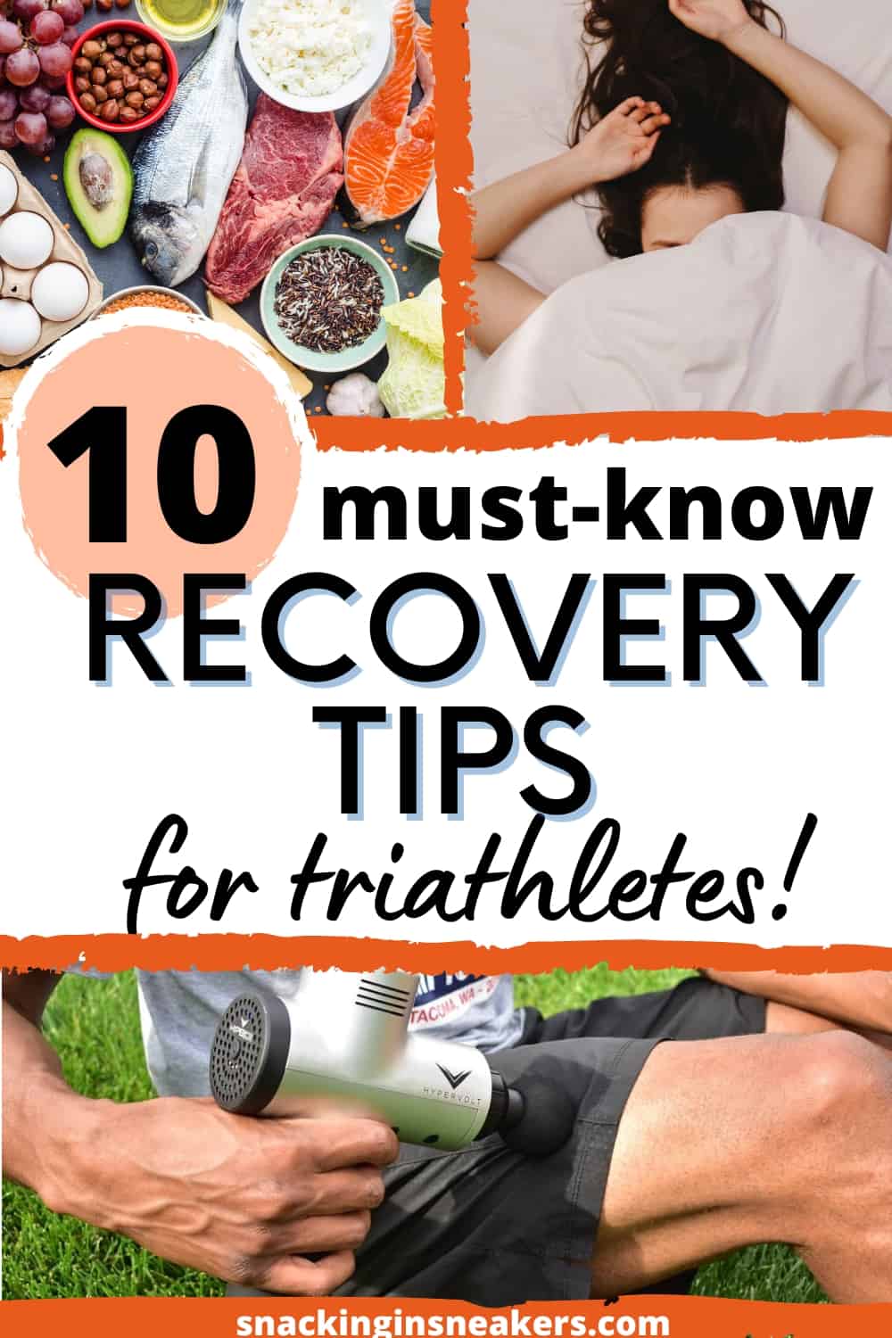 A collage of several triathlon recovery strategies including nutrition, sleep, and a massager, with a text overlay that says must-know recovery tips for triathletes.