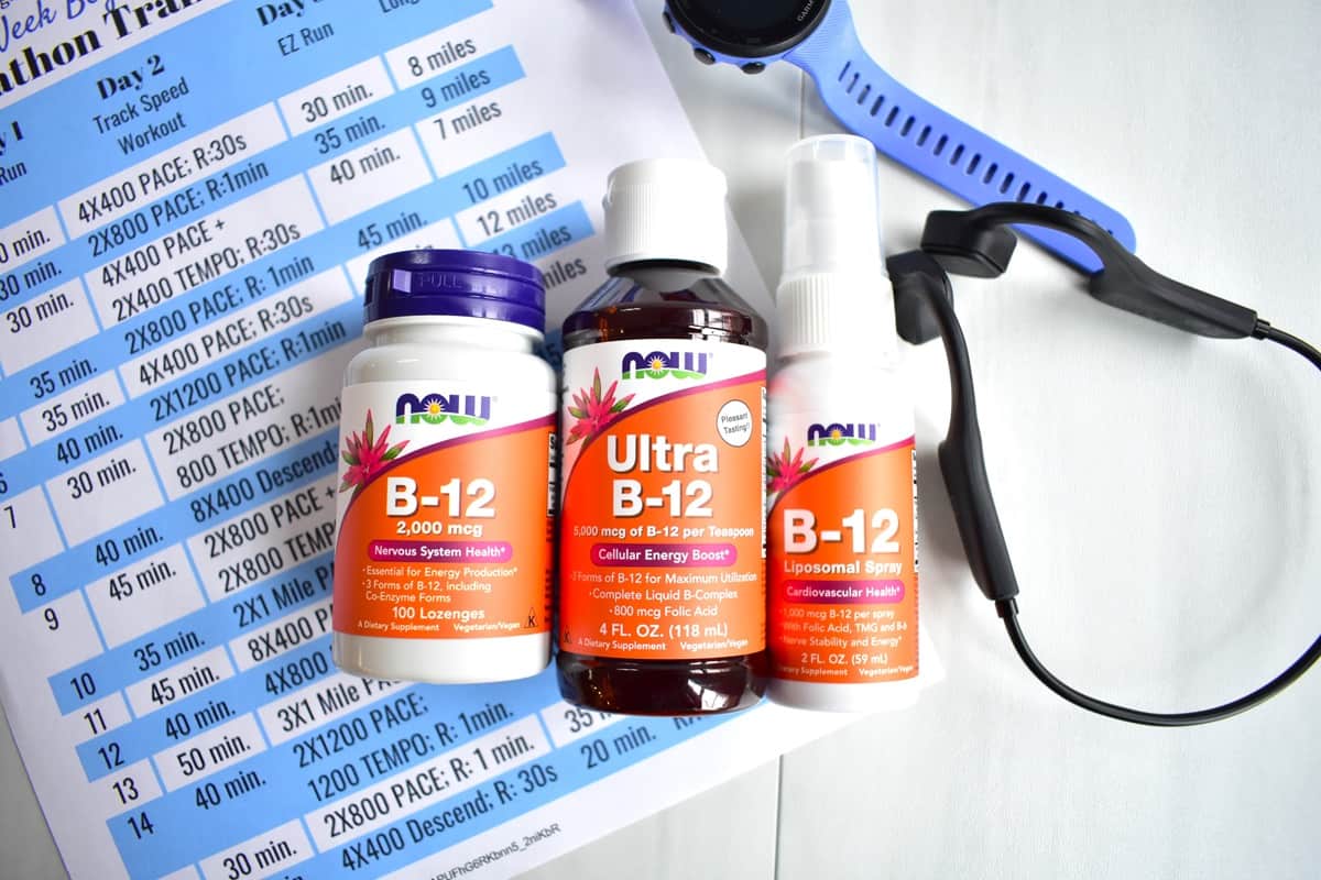 A bottle of B12 lozenges, a B12 spray, and a B12 liquid.