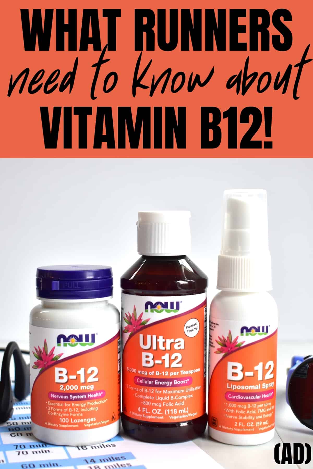 Three different B12 supplements with a text overlay that says what runners need to know about Vitamin B12.