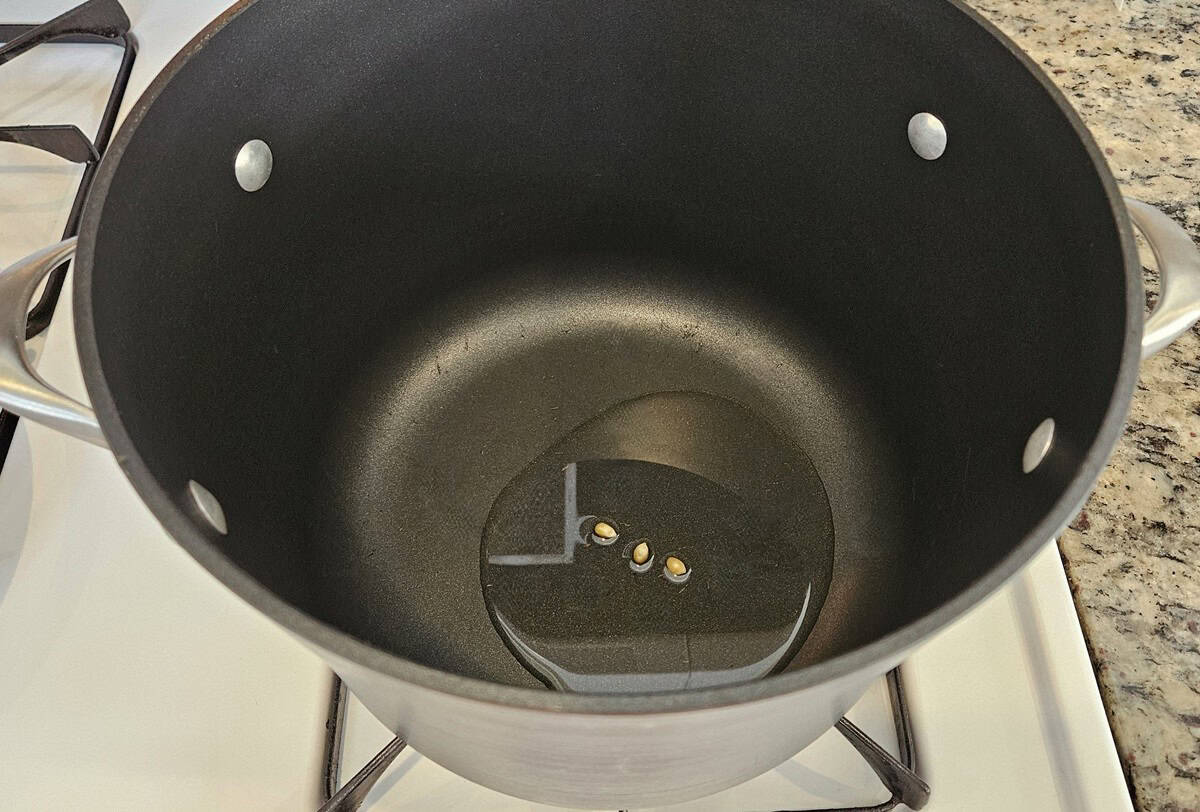 Avocado oil in a pot with a few kernels of popcorn.