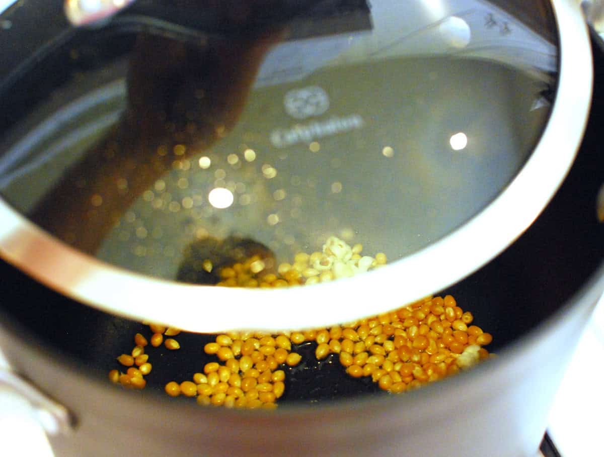 A pot with popcorn kernels and a slightly ajar lid.