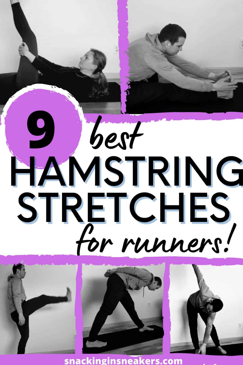 A collage of several different hamstring stretches for runners with a text overlay.