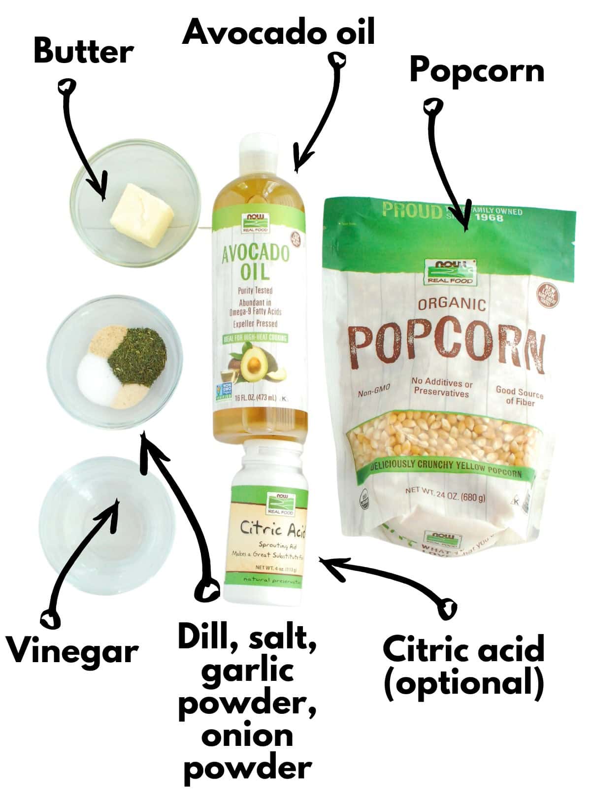 Popcorn, avocado oil, butter, dill, salt, garlic powder, onion powder, vinegar, and citric acid.