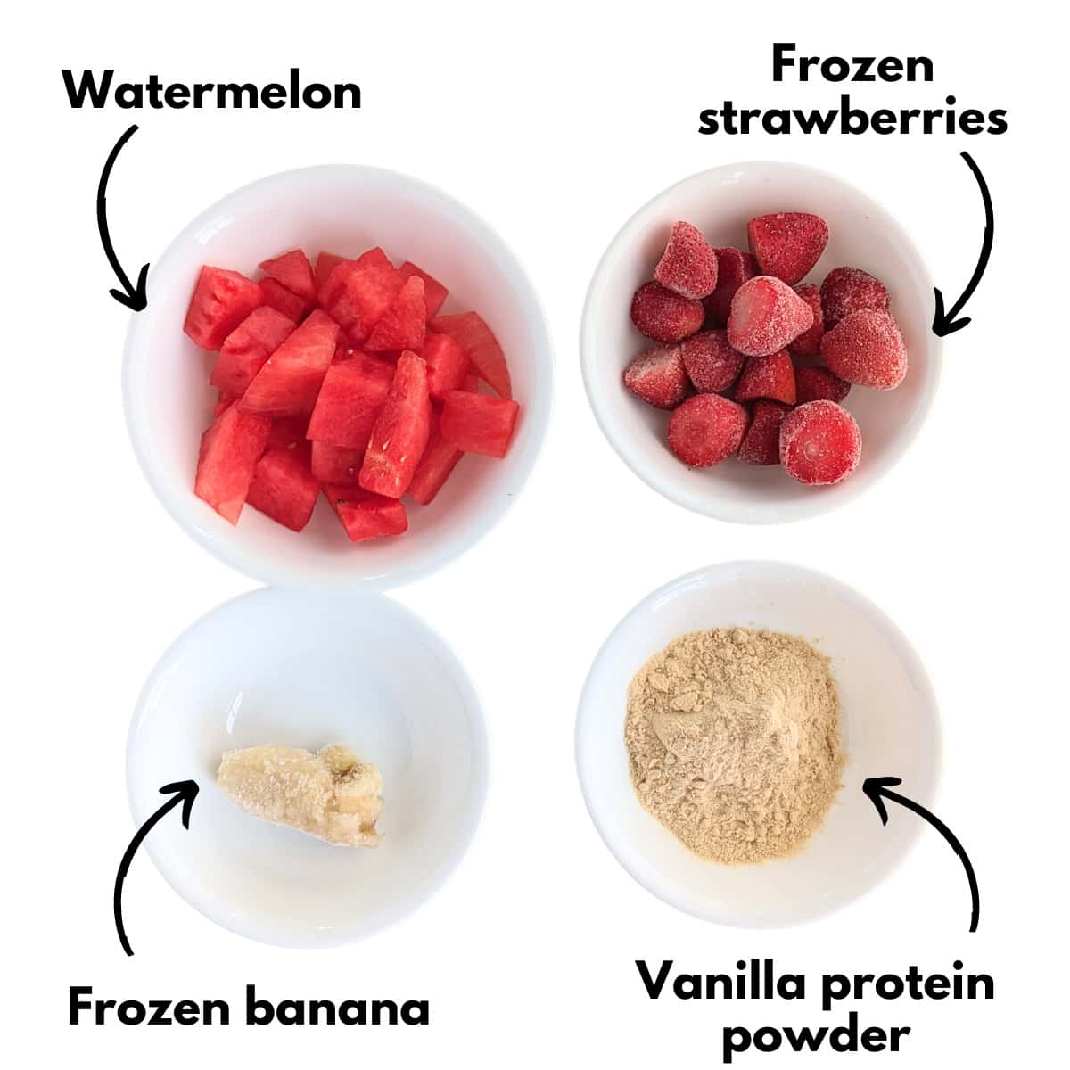 Strawberries, banana, watermelon, and protein powder on a white backdrop.