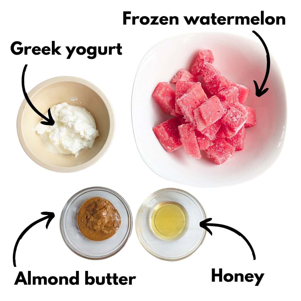 Frozen watermelon, yogurt, almond butter, and honey portioned out for the recipe.