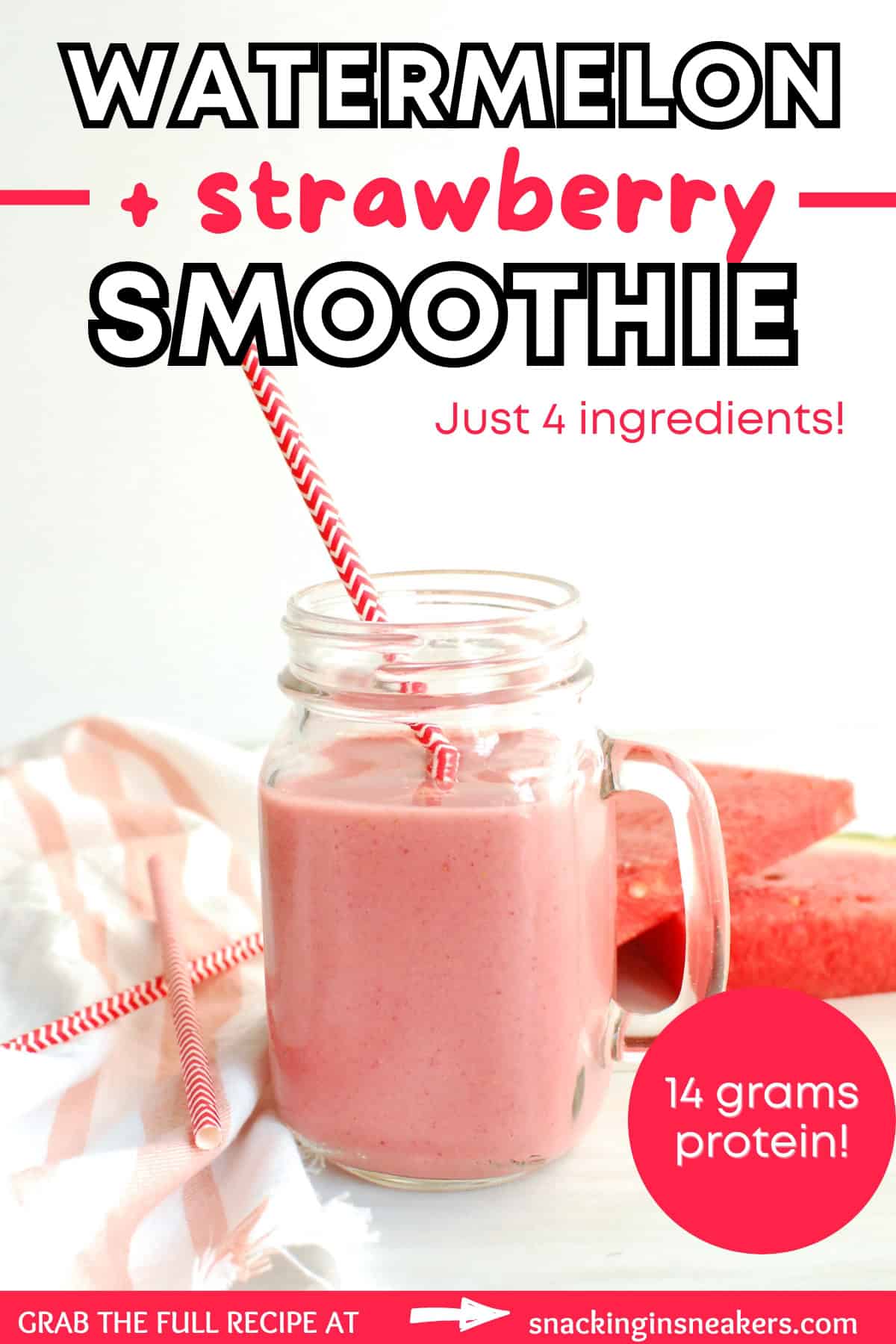 A watermelon strawberry smoothie in a glass jar with a straw in it, with a text overlay with the name of the recipe.